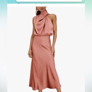 Mock Neck Satin Elastic High Waist Maxi Dress coral